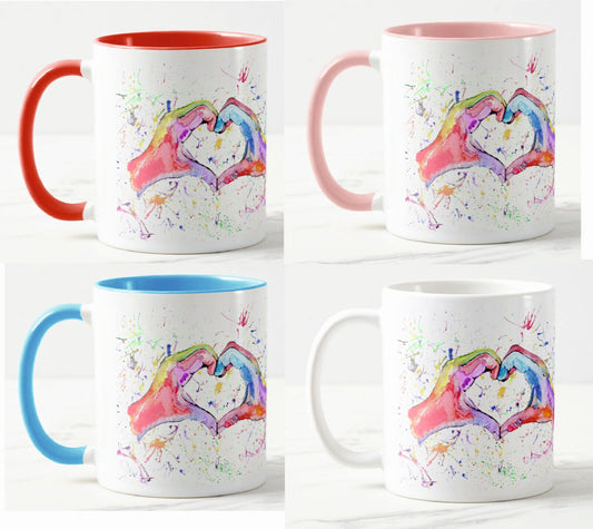 Hand Heart Watercolour Rainbow Art Coloured Mug Cup