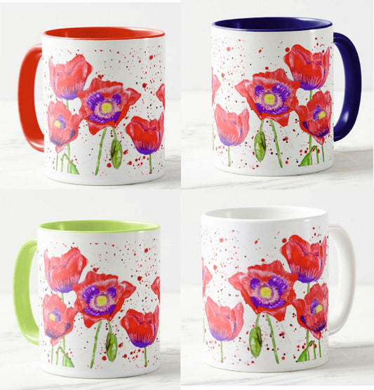 Poppies Poppy Hand Painted Flowers Watercolour Rainbow Art Coloured Mug Cup