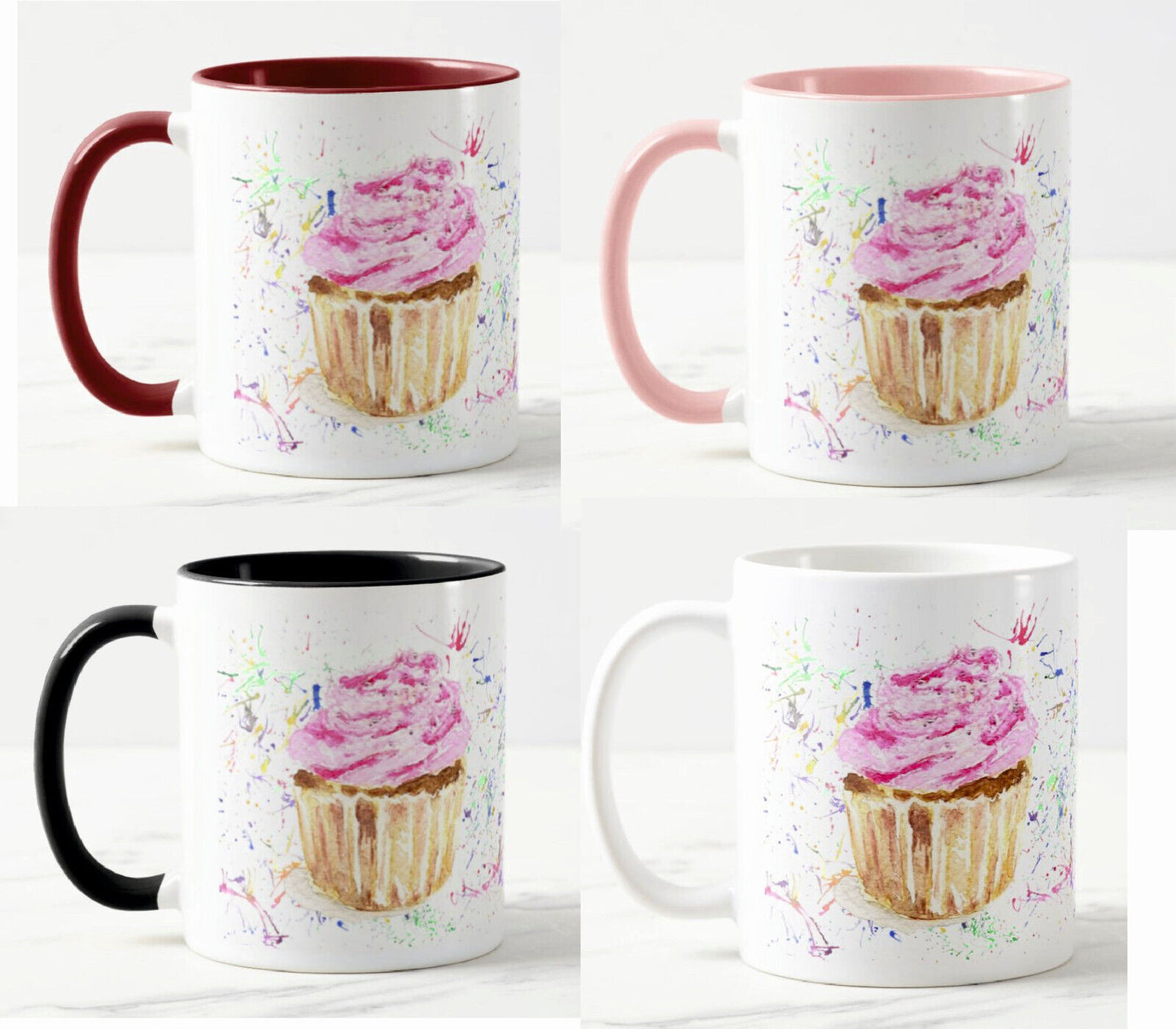 Cupcake Cake Pink Kitchen Cook Bake Muffin Watercolour Rainbow Art Coloured Mug Cup