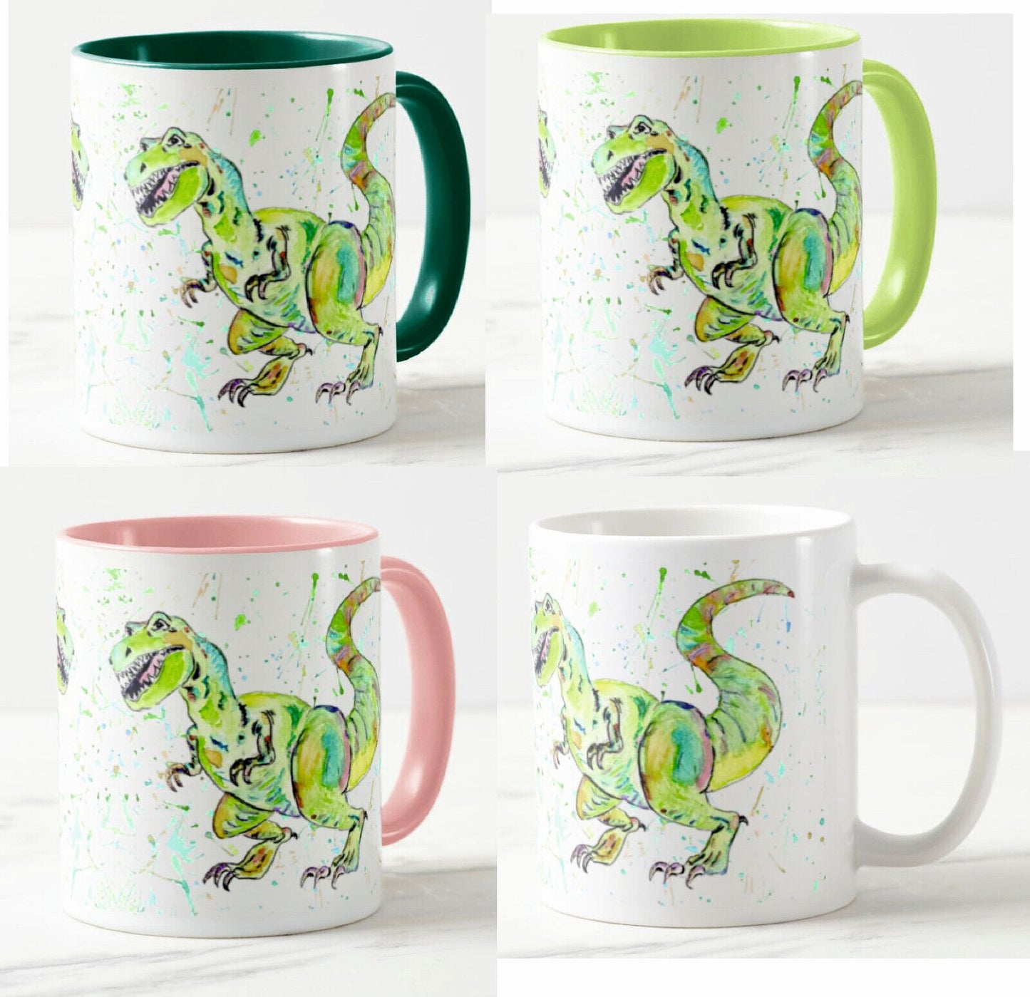 Dinosaur T-Rex Tyrannosaurus Watercolour Rainbow Art Coloured Mug Cup