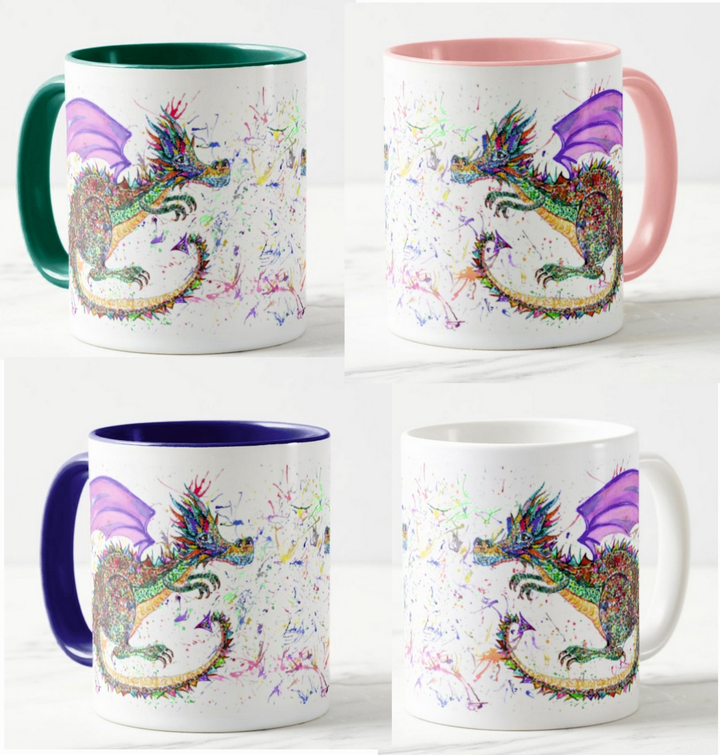 Dragon Green Repile Lizard Watercolour Rainbow Art Coloured Mug Cup