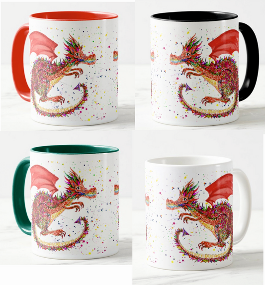 Dragon Red Repile Lizard Watercolour Rainbow Art Coloured Mug Cup
