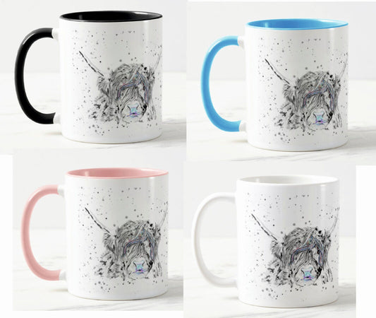 Cow Scottish Highland farm Black and White Animals Watercolour Rainbow Art Coloured Mug Cup