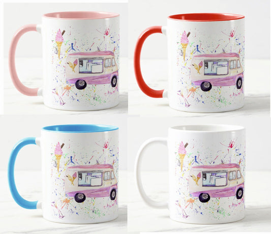 Ice Cream Van Beach Hut Seaside summer Holiday  Watercolour Rainbow Art Coloured Mug Cup