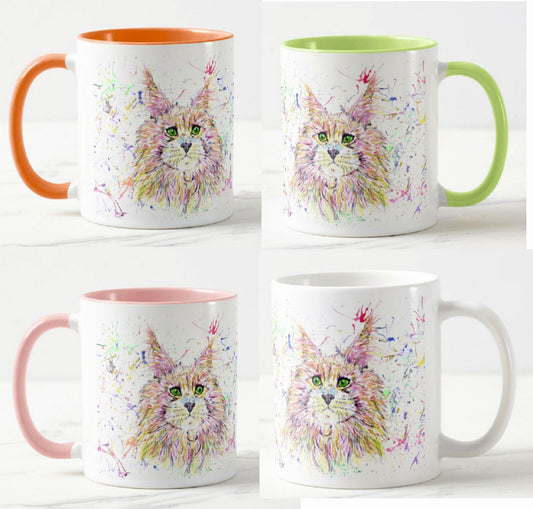 Maine Coon Cat Kitten Feline Animal Watercolour Rainbow Art Coloured Mug Cup