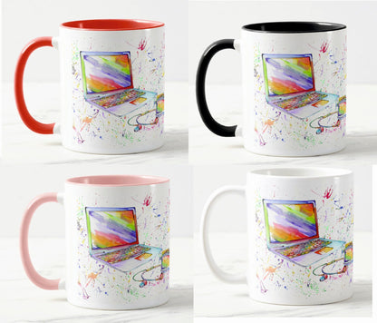 Techie Laptop Phone PC Computer Watercolour Rainbow Art Coloured Mug Cup