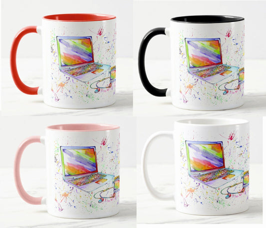 Techie Laptop Phone PC Computer Watercolour Rainbow Art Coloured Mug Cup