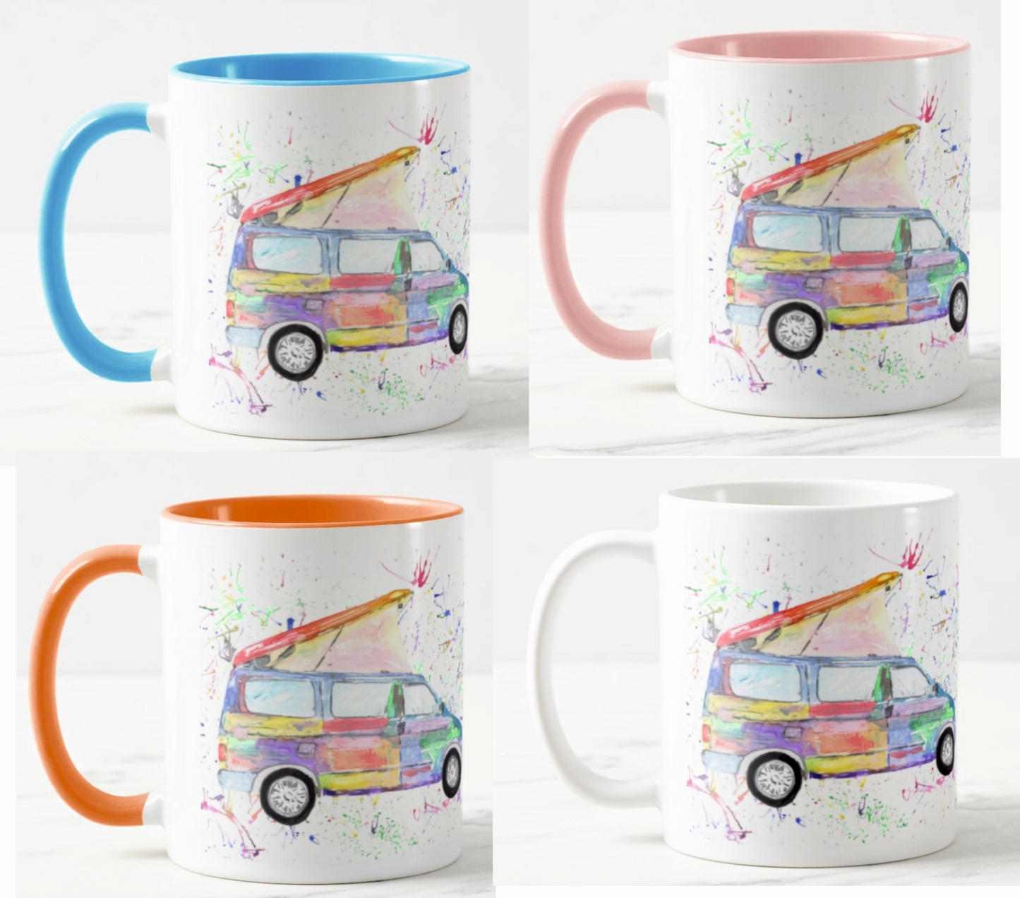 Campervan Bongo Camping Camper Car Watercolour Rainbow Art Coloured Mug Cup