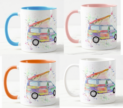 Campervan Bongo Camping Camper Car Watercolour Rainbow Art Coloured Mug Cup