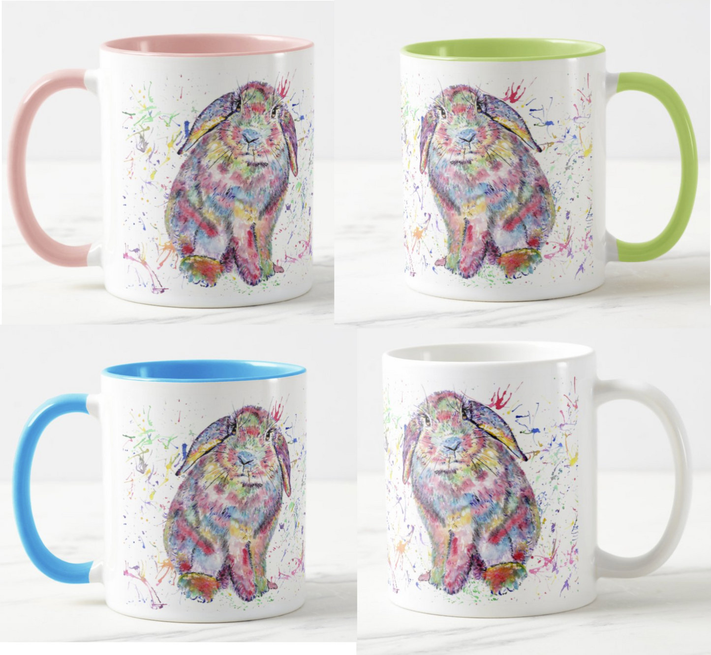 Lop Rabbit Bunny Eared Wildlife Animals Watercolour Rainbow Art Coloured Mug Cup