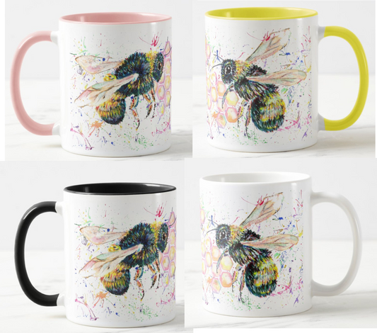 Bee Bees Honey comb Wildlife Insect Animals Watercolour Rainbow Art Coloured Mug Cup