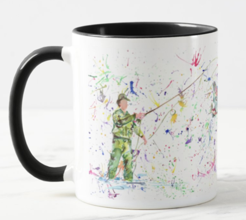 Fisherman Fishing Fly Fish Dad Grandad Watercolour Rainbow Art Coloured Mug Cup