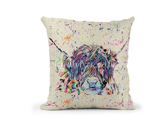 Scottish Highland Cow Farm animals Watercolour Rainbow Linnen Cushion With filling or cover only, 40x40cm