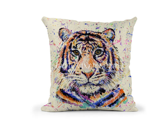 Tiger Safari big cat animals Watercolour Rainbow Linnen Cushion With filling or cover only, 40x40cm