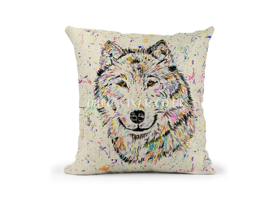 Wolf Watercolour animals Rainbow Linnen Cushion With filling or cover only, 40x40cm